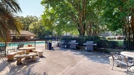 Located at 800 State St in West Columbia, South Carolina, this outdoor amenity area offers a well-appointed, resort-style retreat designed for relaxation and outdoor entertaining. The centerpiece of the space is a generously sized swimming pool with a classic curved shape, surrounded by a brick-paved pool deck lined with lounge chairs for sunbathing. The pool area is enclosed by an ornamental iron fence with a secure gate entry, providing both safety and aesthetic appeal. Adjacent to the pool is a dedicated outdoor grilling area equipped with multiple full-sized gas grills, ideal for communal cookouts and gatherings. Seating options throughout the space include stone picnic tables, cast iron patio furniture sets, and additional benches, offering ample areas for dining and socializing. The grounds are richly landscaped with a variety of mature trees, including tall crepe myrtles, palms, and dense hardwoods, which provide generous shade and a lush, verdant atmosphere. Colorful seasonal plantings, including vibrant red flowers and trailing vines, add decorative charm to the space. A small outbuilding or pavilion is visible near the pool, likely serving as a utility or storage structure. The overall ambiance is serene and park-like, with abundant greenery and natural canopy creating a tranquil outdoor escape.