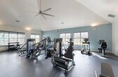 Located in Bonita Springs, Florida, this single-floor fitness center offers a comprehensive workout facility divided into two distinct zones. The main exercise area features soaring vaulted ceilings accented by a large ceiling fan, creating an open and airy atmosphere. Soft blue-gray accent walls complement crisp white surfaces throughout, lending the space a calm, modern aesthetic. Durable rubber flooring covers the main gym floor, providing both safety and functionality for heavy equipment use.

The primary workout area is outfitted with an extensive selection of True-brand strength machines, a full dumbbell rack, benches, treadmills, elliptical trainers, and a rowing machine. Multiple windows along the perimeter flood the space with natural light and offer views of the surrounding Florida landscape. Wall-mounted televisions and a water fountain add to the amenity-rich environment.

A secondary studio space features light hardwood-style flooring and floor-to-ceiling sliding glass doors that open to outdoor greenery, filling the room with natural light. This studio is equipped with cycling bikes, a wall-mounted TV, full-length mirrors, and an array of functional training tools including kettlebells, stability balls, a yoga mat, and resistance equipment — making it ideal for group classes or individual training sessions.