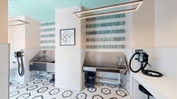 This professionally appointed pet grooming space is located in Miami/Dade and is thoughtfully designed to serve both function and aesthetics. The single-room layout is efficiently organized, making excellent use of its compact footprint to accommodate all essential grooming operations.

The space centers around a professional-grade stainless steel grooming tub by Groomer's Best, equipped with a coiled hose and spray attachment for thorough pet washing. Adjacent to the tub, a built-in countertop workstation with a grooming dryer and a saddle stool provides a dedicated area for finishing and styling. A built-in bench along one wall offers additional utility for handling pets.

The design is visually striking, featuring a bold black-and-white hexagonal mosaic tile floor that lends a classic yet modern character to the room. Large-format white wall tiles line the lower half of the walls, while warm peach-toned paint finishes the upper portion, creating a clean, welcoming ambiance. A standout teal and white striped tile accent wall behind the grooming tub serves as an eye-catching focal point.

Natural light floods the space through a floor-to-ceiling glass door, connecting the interior to the outdoors. A modern geometric pendant light, wall-mounted HVAC unit, and pet-themed artwork complete the thoughtful interior. The space is both hygienic and inviting, ideal for professional pet grooming services.