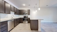 This single-floor unit offers a well-designed layout with a clean, contemporary aesthetic throughout. The kitchen serves as a central highlight, showcasing rich dark-toned shaker-style cabinetry paired with granite countertops and a white subway tile backsplash. A full suite of stainless steel appliances includes a refrigerator, range, microwave, and dishwasher. Pendant lighting fixtures hang above a kitchen island that provides additional counter and prep space, while light wood-look flooring runs throughout the main living areas, creating a bright and cohesive look.

The open floor plan connects the kitchen to the living area, which benefits from a sliding glass door that introduces natural light and outdoor access. A ceiling fan adds practical comfort to the space. The bedroom is finished with plush carpet and a ceiling fan, offering a quiet, comfortable retreat. It connects to a spacious walk-in closet equipped with built-in shelving and rod storage along multiple walls, providing generous organizational capacity.

The bathroom features a dark-toned vanity with a granite countertop, a tiled shower-tub combination, and the same light wood-look flooring found throughout the unit. The overall palette of white walls, dark cabinetry, and light flooring creates a modern, move-in-ready environment.