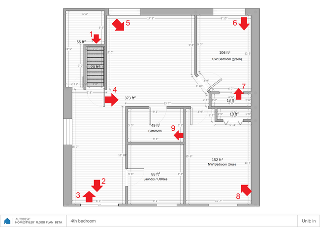 Lower level floor-plan with indications of where the other downstairs pictures were taken. - 17218 Finch Path