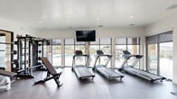 Located in Spanish Fork, Utah, this modern fitness center offers a comprehensive workout facility designed to meet a wide range of exercise needs. The single-level space is thoughtfully laid out, maximizing its generous footprint to accommodate both cardio and strength training zones.

Large, floor-to-ceiling windows line one side of the room, flooding the interior with natural light and providing direct views of an outdoor pool and patio area. Roller shades offer adjustable light control throughout the day. A wall-mounted flat-screen television is centrally positioned, visible from the cardio area.

The cardio section features multiple treadmills and an upright stationary bike, arranged to take full advantage of the poolside views. On the strength side, the space is equipped with a multi-station cable machine, adjustable weight benches, a dumbbell rack with a full range of weights, medicine ball storage, and additional selectorized machines. Full-length mirrors are mounted along one wall, enhancing the sense of openness and functionality.

A glass partition wall separates a secondary strength training area, providing a semi-private space for focused workouts. Durable dark flooring runs throughout, and recessed lighting keeps the environment bright and welcoming. Double glass doors open directly to the outdoor amenity area, seamlessly connecting indoor and outdoor fitness experiences.
