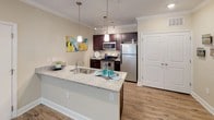 This single-floor residence offers a thoughtfully designed open-concept layout that integrates the kitchen, living, and sleeping areas into a cohesive and functional living space. The kitchen serves as a central highlight, featuring granite countertops, rich dark cabinetry, and a full suite of stainless steel appliances including a gas range, built-in microwave, and refrigerator. A large peninsula with a double undermount sink and pendant lighting above provides both additional workspace and a natural division between the kitchen and living area. Track lighting and crown molding add a polished, refined character throughout.

The living area is generously proportioned, with neutral-toned walls, wood-look flooring, and a window that brings in natural light. Crown molding continues throughout, maintaining design consistency across the space.

The bedroom is carpeted for comfort and features a ceiling fan, a window with natural light, and direct access to a spacious walk-in closet with built-in shelving and hanging rods—offering ample storage.

The bathroom is finished with light tile flooring, a granite-topped vanity with a dark wood cabinet, and a shower enclosed by a patterned curtain, creating a clean and functional space.