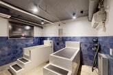 Located at 1415 Third Ave S in Birmingham, Alabama, this dedicated pet bathing facility is a compact, single-room space thoughtfully designed for self-service pet washing. The interior is defined by its striking bold blue geometric diamond-patterned tile wainscoting, which lines the walls at mid-height and gives the room a clean, modern character against the white upper walls.

The room houses two raised, white concrete bathing tubs, each elevated on stepped platforms with non-slip treads to allow easy pet access. The tubs are equipped with handheld spray fixtures and are positioned to allow comfortable use by attendants or pet owners. Between and around the tubs, anti-fatigue rubber matting covers the polished concrete floor, enhancing safety and comfort during use.

The ceiling features an exposed industrial aesthetic with visible ductwork and conduit running overhead, complemented by recessed and track lighting that provides bright, even illumination throughout the space. A wall-mounted mini-split unit ensures climate control year-round. A framed large-format photograph serves as a decorative accent on one wall, adding a touch of personality to the functional environment. Entry is provided through a glass-panel door. The overall design balances utility with a stylish, well-appointed aesthetic suited to a professional pet care setting.