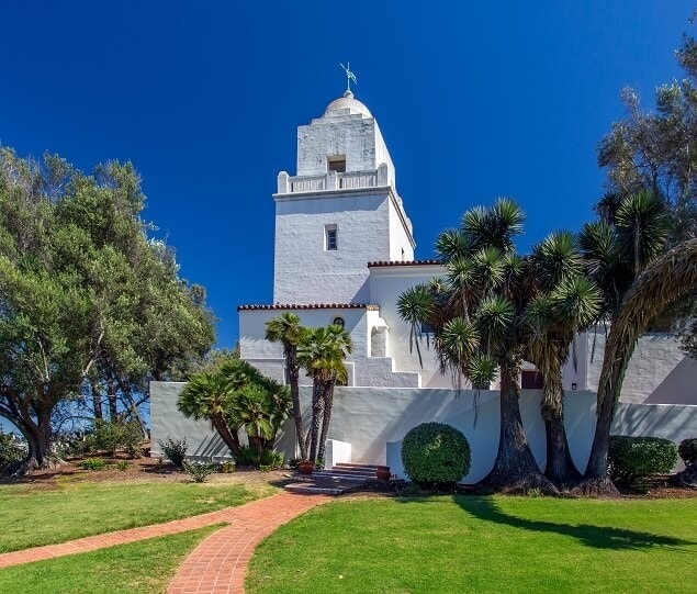 The iconic Junipero Serra Museum is located in nearby Presidio Park