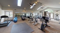 This single-level fitness center offers a spacious and well-appointed workout environment designed to support a wide range of exercise needs. The room features vaulted ceilings with multiple skylights that flood the space with natural light, complemented by recessed lighting and dual ceiling fans that maintain a comfortable atmosphere during workouts. Large floor-to-ceiling mirrors line one wall, visually expanding the space while allowing users to monitor their form.

The flooring consists of durable, striped carpet tiles throughout most of the area, with protective rubber mat sections positioned under select equipment. The facility is comprehensively equipped with cardio machines including treadmills, ellipticals, stair climbers, upright and spin cycles, as well as a rowing machine. Strength-training options include a multi-station cable machine, a weight bench with racks, and various stability and medicine balls.

A dedicated alcove features a wall-mounted flat-screen television above a granite-topped cabinet with dark wood cabinetry for storage. Diamond-pane windows along the walls and a large glass door provide outdoor views and additional natural light, creating an open, airy ambiance throughout the space.