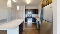 This single-floor residence at 127–135 Centre St in Malden, Massachusetts, offers a thoughtfully designed open-concept layout that seamlessly connects the living and kitchen areas. The kitchen is a standout feature, equipped with stainless steel appliances including a refrigerator, range, and built-in microwave, all complemented by sleek dark cabinetry, hardwood-style flooring, and a light-toned peninsula countertop that provides additional prep and seating space. Pendant lighting above the peninsula adds a contemporary touch. The living area transitions smoothly from the kitchen, featuring plush wall-to-wall carpeting and a large window that invites ample natural light and outdoor views of the surrounding Malden neighborhood. The bedrooms are generously sized, each carpeted and brightened by large windows offering city and neighborhood views. The bathroom is clean and functional, featuring light tile flooring, a dark-toned vanity with a white countertop, a wall-mounted mirror, and accessibility-friendly grab bars. Throughout the unit, a neutral color palette of soft whites and warm grays creates a calm, cohesive ambiance well-suited for comfortable everyday living.