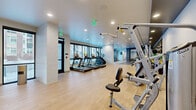 Located at 550 Park Ave W in Denver's vibrant Cole neighborhood, this well-appointed fitness center offers a comprehensive workout environment across a spacious single floor. The facility is organized into distinct functional zones, each designed to support a full range of training activities. The cardio area is lined with a row of modern treadmills and a stair climber positioned alongside large, floor-to-ceiling windows that flood the space with natural light and provide street-level views of the surrounding neighborhood. The strength training zone features an extensive selection of free weights, barbells, weight plates, and multiple cable and resistance machines, complemented by full-length mirrors and rubber-matted flooring for safety and performance. A dedicated functional training area provides additional equipment including rowing machines, medicine balls, foam rollers, and plyometric boxes. A separate studio room with light wood flooring, floor-to-ceiling mirrors, and a modular cubby storage system offers an ideal space for yoga, stretching, or group fitness. Throughout the facility, recessed lighting, light wood-style flooring, white and blue accent walls, and a clean contemporary design create a bright, motivating atmosphere conducive to an effective workout experience.