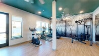 Located at 733 N Drennan St in Houston's East Downtown (EaDo) neighborhood, this fitness center offers a thoughtfully designed exercise space across a single floor. The room is distinguished by a bold teal-painted ceiling, recessed lighting, and ceiling fans that maintain a comfortable environment during workouts.

The cardio zone is well-stocked with Spirit-brand stationary bikes, an elliptical trainer, and a treadmill, all positioned near a large picture window that fills the space with natural light and provides views of the surrounding outdoor area. On the opposite side, a multi-station cable weight machine and a workout bench cater to strength training needs.

A full-length wall mirror expands the sense of space and allows users to monitor their form, while a dedicated free-weight area features a TAG-branded rack holding an assortment of medicine balls, stability balls, and kettlebells. Open wooden shelving provides additional storage for equipment and accessories.

The light hardwood-style flooring ties the room together, complemented by a dramatic floor-to-ceiling nature-inspired mural depicting a misty woodland scene. The overall design balances functionality with aesthetic appeal, creating an inviting atmosphere well-suited for a variety of fitness routines.