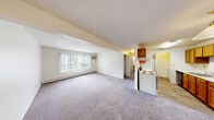 This 1-bedroom, 1-bathroom single-floor unit offers a practical and comfortable layout with a bright, open feel throughout. The combined living and dining area is carpeted and bathed in natural light from a large picture window dressed with vertical blinds, offering views of surrounding greenery. A wall-mounted air conditioning unit and baseboard heating ensure year-round comfort. A standout feature of the living area is a classic wood-framed fireplace, adding warmth and character to the space.

The galley-style kitchen is efficiently designed with warm honey-toned cabinetry lining both sides, white countertops, and wood-look flooring. It is equipped with a full suite of appliances, including a refrigerator, electric range, and dishwasher, along with a stainless steel sink.

The bedroom is generously sized, featuring plush carpeting, a ceiling fan with light, a window for natural light, and baseboard heating. A dedicated closet provides convenient storage.

The full bathroom includes a tub/shower combination, a wood-vanity with countertop, wood-look flooring, and a built-in shelving unit for additional storage. The in-unit laundry area accommodates a full-size washer and dryer with overhead wire shelving for added organization.