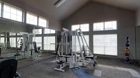 This single-floor fitness center offers a bright and functional workout environment designed to accommodate a range of exercise needs. The space is anchored by a large multi-station cable and weight machine, providing users with the ability to perform a wide variety of strength training exercises in one centralized unit. A full-length mirror spans one wall, enhancing the sense of space while allowing for proper form checks during workouts. The flooring features durable, low-pile carpet suited for fitness use, and an exercise mat is positioned beneath the equipment for added comfort and versatility. The architectural highlight of the space is its dramatic vaulted ceiling, which rises to a considerable height and contributes to an open, airy atmosphere. Multiple large windows line the walls at both standard and clerestory levels, flooding the interior with abundant natural light and providing views of the surrounding greenery. Neutral gray wall tones complement the modern aesthetic, while window blinds offer adjustable light control throughout the day. The overall ambiance is clean, spacious, and inviting, making it a practical and comfortable environment for daily fitness routines.