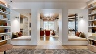 This expansive single-floor clubhouse offers a thoughtfully curated environment spanning nearly 2,000 square feet of refined, modern-rustic design. The space is anchored by soaring ceilings with exposed wood beams and wood-planked ceiling panels, which lend warmth and architectural character throughout. Polished concrete floors flow seamlessly across the open-plan layout, creating a cohesive and elegant foundation.

The main social area features a striking natural stone accent wall with a built-in media niche, complemented by large floor-to-ceiling windows that flood the space with natural light and offer views of the outdoor surroundings. A statement sputnik chandelier and sheer drapery add a sophisticated, airy touch to the lounge seating area.

A sleek bar counter with white barstools sits beneath warm pendant lighting, backed by open wood shelving — ideal for casual gatherings. Adjacent to this is a tufted green banquette seating nook and a game room with a billiards table. A dramatic steel-framed glass partition wall elegantly divides areas while maintaining visual openness.

A recessed library nook with floor-to-ceiling built-in bookshelves and a cushioned window seat provides a quiet retreat. Throughout, the design blends natural textures — stone, wood, and leather — with contemporary furnishings for an inviting, upscale ambiance.