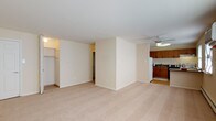 This single-floor residence offers a practical and comfortable layout designed for everyday living. The main living area is generously sized, featuring neutral-toned wall-to-wall carpeting that creates a warm, cohesive atmosphere throughout. A ceiling fan overhead adds both function and airflow to the space. A large walk-in closet off the living area provides ample storage, while the open layout allows for flexible furniture arrangements.

The kitchen is situated adjacent to the living area and is equipped with warm-toned wooden cabinetry offering abundant upper and lower storage. Dark laminate countertops contrast neatly with the cabinetry, and the space includes a full suite of appliances: a white refrigerator, electric range, dishwasher, and a stainless steel sink. Light hardwood-style flooring in the kitchen distinguishes it from the carpeted living spaces.

The bedroom is a well-proportioned room with soft carpeting, a window that brings in natural light, and a closet with bi-fold doors. Baseboard heating runs along the walls, ensuring warmth throughout the colder months.

The bathroom is finished in a clean, all-white palette, featuring white square tile in the tub surround, tile flooring, a single-sink vanity with a mirror cabinet, and a full bathtub with shower.