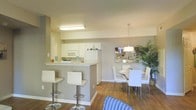 This single-floor residence showcases an open-concept layout that seamlessly connects the kitchen, breakfast bar, and dining area into one cohesive living space. The kitchen is outfitted with white cabinetry, white appliances including a built-in microwave and refrigerator, and light countertops that contribute to a clean, bright aesthetic. A peninsula-style breakfast bar extends from the kitchen, providing additional seating with two modern white bar stools featuring chrome bases — ideal for casual dining or entertaining.

Adjacent to the kitchen, the dining area is anchored by a round table surrounded by sleek white chairs with chrome legs. Above the table hangs a contemporary pendant light fixture that adds a refined focal point to the space. A decorative mosaic-style mirror on the wall and a large indoor plant add visual interest and a touch of warmth to the area.

The warm hardwood-style flooring runs throughout, contrasting pleasantly with the soft neutral gray and white wall tones. The overall ambiance is modern and airy, with a cohesive color palette of whites, grays, and warm wood tones that creates an inviting and functional living environment.