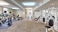 This fitness center is a comprehensively outfitted single-level space designed to support a full range of workout routines. The room is finished with neutral-toned carpet tiles and features a coffered ceiling with recessed and flush-mounted panel lighting that ensures even illumination throughout. Large windows along multiple walls allow ample natural light to enter, offering views of outdoor greenery and contributing to an open, energizing atmosphere. Full-length mirrors are strategically positioned to visually expand the space and allow users to monitor their form during exercise. The cardio zone is well-stocked with multiple treadmills, elliptical trainers, upright and recumbent stationary bikes, and a rowing machine, several of which are equipped with personal display screens. The strength training area includes a multi-function cable machine, various selectorized weight machines, and adjustable benches, providing options for both upper and lower body conditioning. Exercise mats are placed beneath cardio equipment for added protection. The space is organized to allow comfortable circulation between equipment zones, and an entry area near the doors features a wall-mounted informational board.