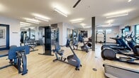 Located at 9 Monticello Dr in Brewster Village, NY, this fitness center offers a comprehensive, single-floor workout facility thoughtfully divided into two exercise rooms. The space features light hardwood-style flooring throughout, bright linear recessed lighting, and a clean, modern aesthetic accented by textured wall panels and bold motivational signage.

The main exercise room is generously sized and houses an impressive array of cardio equipment, including treadmills, elliptical machines, stationary bikes, and a rowing machine. A full rack of dumbbells lines one mirrored wall, while a cable machine and various strength-training stations are strategically distributed across the open floor plan. A striking blue stone-textured accent wall serves as a bold focal point, featuring an illuminated "Can't Stop Won't Stop" mural. A water fountain station is conveniently integrated nearby.

The second room serves as a dedicated Functional Training Zone, equipped with a power rack and bench press, TRX suspension systems, and overhead monkey bars mounted along the wall. Natural light filters in through windows and glass doors that open to the exterior. Decorative nature-themed artwork adds a calming contrast to the energetic environment. Ceiling fans and ample ventilation ensure comfort throughout both spaces, making this facility a fully equipped destination for all fitness levels.