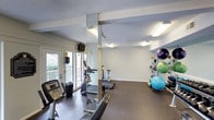 This fitness center offers a functional and well-organized space designed to support a variety of workout routines. The room features durable rubber flooring throughout, providing a safe and comfortable surface for exercise. A floor-to-ceiling mirrored column anchors the center of the space, visually expanding the room and allowing users to monitor their form during workouts. The facility is equipped with several cardio machines, including treadmills and an exercise bike, catering to a range of cardiovascular training needs. Along one wall, a dedicated storage rack holds an assortment of medicine balls and stability balls in multiple sizes, keeping accessories neatly organized and accessible. Overhead, flush-mounted fluorescent lighting ensures the space is bright and evenly illuminated. A standout feature is the glass sliding door on one side of the room, which floods the interior with natural light and provides views of an outdoor deck and surrounding greenery, creating an inviting atmosphere. A wall-mounted television adds entertainment options for users during their workouts. The textured ceiling and clean white walls contribute to the space's practical and no-frills aesthetic, keeping the focus on fitness. Overall, this fitness center is a compact yet comprehensive facility designed for convenient, everyday use.