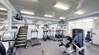 This fitness center offers a well-appointed workout environment designed to support a range of exercise routines. The space features a clean, open layout with light blue walls and a crisp white wainscoting detail that gives the room a bright, polished aesthetic. Large rectangular recessed light panels and a ceiling fan work together to ensure the space remains well-lit and well-ventilated throughout any workout session. Multiple windows along the walls allow natural light to filter in, enhancing the overall atmosphere. A full-length mirror spans one wall, creating a sense of added depth and allowing users to monitor their form during exercise. The cardio section is well stocked, featuring multiple treadmills and an elliptical cross-trainer lined neatly along the mirrored wall. Strength and resistance training equipment is also available, including a multi-function cable and weight machine positioned toward the perimeter of the space. A mounted flat-screen television provides entertainment during workouts. The durable, speckled carpet flooring is suited for high-traffic use, and the overall layout ensures comfortable circulation between equipment. A storage rack along one wall holds additional accessories or free weights. This fitness center provides a comprehensive and inviting environment for residents or members to maintain an active lifestyle.