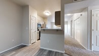 This single-floor residence offers a functional and comfortable layout with a clean, neutral aesthetic throughout. The kitchen is a standout feature, equipped with gray cabinetry, white countertops, a double stainless steel sink, and stainless steel appliances including a microwave and dishwasher. A pass-through breakfast bar connects the kitchen to the adjoining living area, promoting an open, social atmosphere. Wood-look plank flooring runs through the entryway and kitchen, providing a durable and modern foundation.

The bedrooms are carpeted for comfort and each includes a ceiling fan with light fixture. Multiple bedrooms feature vertical blinds over large windows that allow natural light to fill the rooms, while one bedroom benefits from direct outdoor access through a glass door. Generous closet space is evident, with at least one bedroom featuring a walk-in closet with built-in shelving. A hallway with multiple doors and closets connects the living areas to the private spaces.

The bathroom is well-appointed with a gray vanity, white countertop, a large mirror, brushed nickel hardware, and a full tub-shower combination with tile surround. The overall ambiance is bright, clean, and move-in ready, with a consistent neutral color palette that lends itself to easy personalization.
