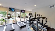 This fitness center is thoughtfully designed to accommodate a comprehensive workout experience across a single floor. The space is divided into distinct workout zones, each outfitted with professional-grade equipment. The cardio area features multiple treadmills, elliptical trainers, and stationary bikes — including recumbent models — from True Fitness, positioned in front of large floor-to-ceiling windows that invite abundant natural light and offer pleasant views of the surrounding outdoor greenery and pool area. Wall-mounted flat-screen televisions are strategically placed throughout the cardio zone for entertainment during workouts. A separate strength training area houses a Cybex multi-functional cable machine, a rack of dumbbells in varying weights, and additional resistance equipment, all set against a backdrop of floor-to-ceiling mirrors that enhance the sense of space. Frosted glass panel partitions elegantly separate workout zones while maintaining an open, airy feel. The main strength area boasts impressively high ceilings with clerestory windows that draw in additional natural light. Durable rubber flooring runs throughout the facility, and recessed lighting ensures consistent illumination. The fitness center also includes climate control and is accessible via a dedicated entrance with clearly posted fitness center rules.