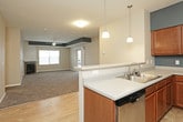 This single-floor residence is thoughtfully designed with an open-concept layout that connects the main living areas. The living room is generously sized, featuring plush carpeting, a ceiling fan, and a tile-surround fireplace that serves as a focal point. Large windows and a sliding glass door flood the space with natural light while providing access to a private patio.

The kitchen is well-appointed with rich medium-toned cabinetry, stainless steel appliances including a range, built-in microwave, and refrigerator, and a light-colored countertop peninsula with pendant lighting overhead. Light hardwood-style flooring in the kitchen transitions seamlessly into the carpeted living areas. A teal accent wall adds a distinctive design element to the kitchen space.

Two carpeted bedrooms offer comfortable retreats, each featuring neutral tones, natural window light, and ample closet space. The primary bedroom includes a walk-in closet with wire shelving systems. Two bathrooms serve the residence — one featuring a dedicated walk-in shower with clean white surround, and the other offering a full tub-shower combination, each with warm-toned tile flooring and wood-finish vanity cabinetry.