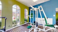 Located at 2925 Crossview Dr in Houston, TX, this single-floor facility offers a compact yet well-organized space designed for fitness and administrative use. The interior is immediately distinguished by its bold color palette — vivid lime green and rich teal blue walls create an energetic, motivating atmosphere throughout.

The gym is the centerpiece of the space, featuring a multi-station cable weight machine with green upholstered benches, a treadmill, and open floor area for varied workouts. Striking arched windows allow generous natural light to pour in, offering views of the surrounding outdoor greenery and parking area. The flooring throughout is a durable striped carpet tile, adding a modern, practical touch.

The office area includes a built-in granite-topped counter with bar-height seating — an ideal spot for check-ins or administrative tasks. Its design mirrors the gym's vibrant color scheme, maintaining visual cohesion across the space.

A connecting corridor with additional windows provides smooth transitions between areas, contributing to an open, airy feel. A decorative white paneled arched door serves as a standout architectural element. The space is thoughtfully designed to maximize functionality while maintaining an inviting, lively character suited for a community fitness and office setting.