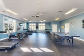 This fitness center in Malvern, PA offers a well-appointed, single-floor layout designed to support a range of exercise and recreational activities. The main workout area is spacious and open, finished with durable rubber sport flooring and bathed in natural light from multiple large windows along the perimeter walls. The walls are painted in a calming blue-gray tone, complemented by crisp white crown molding and white trim throughout, lending the space a clean, polished aesthetic. Ceiling fans provide additional air circulation, contributing to a comfortable workout environment. The cardio equipment area features treadmills, elliptical machines, and a stationary bike, each positioned near windows offering pleasant outdoor views. A dedicated free weights section includes a full dumbbell rack with a large wall mirror, ideal for strength training. The open floor plan also accommodates a full-size JOOLA ping-pong table, making it a versatile space for both fitness and recreation. Wall-mounted flat-screen televisions are positioned throughout the room for entertainment during workouts. A bulletin board and informational displays are also present. The facility is completed by a bathroom, ensuring full convenience for users. Accessed via glass double doors, this fitness center is a comprehensive and inviting community amenity.