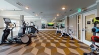 Located in Greenville, SC, this fitness center is a thoughtfully designed, single-floor facility built to support a comprehensive workout experience. The space is anchored by a striking geometric-patterned carpet in earth tones of gold, brown, and tan, which adds visual energy to the open floor layout.

Cardio equipment is prominently featured, including multiple treadmills with individual digital display screens, elliptical cross-trainers, stair climbers, and stationary spin bikes — offering a diverse range of aerobic training options. Each piece of equipment is modern and well-maintained, arranged to allow comfortable spacing between users.

A large flat-screen television is mounted on the mirrored wall, serving as a central focal point and entertainment source during workouts. The extensive floor-to-ceiling mirror panels along the walls not only enhance the sense of depth and openness throughout the room but also provide functional feedback for users monitoring their form.

Natural light filters in through large multi-pane windows along one wall, creating a bright and energizing atmosphere. Recessed ceiling lighting supplements the natural light, ensuring even illumination throughout the space. Industrial-style wall-mounted fans are positioned throughout for added airflow and comfort. Accessories such as resistance bands and medicine balls are neatly organized on a dedicated rack, rounding out the facility's offerings.