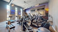 This fitness center is designed to provide a comprehensive and motivating workout environment. The space is anchored by soaring ceilings that lend an open, airy feel, complemented by large windows that allow natural light to flow in and offer views of the surrounding outdoor areas. Suspended linear pendant lighting and ceiling fans enhance both the ambiance and ventilation throughout the room.

The main workout floor is generously outfitted with a full lineup of cardio equipment, including treadmills, elliptical trainers, StairMaster steppers, upright and recumbent stationary bikes, and a rowing machine. Multiple wall-mounted flat-screen televisions are positioned throughout the space, allowing users to stay entertained during their workouts.

A dramatic full-wall photographic mural serves as a bold visual focal point, depicting a vibrant cityscape at dusk that adds an urban, energetic atmosphere to the room. The flooring features a durable, patterned carpet tile that provides both comfort and practicality underfoot.

A glass partition wall with sliding doors connects the fitness center to an adjacent lounge or amenity area, which is furnished with seating and a large TV, offering a relaxing space before or after a workout. A direct exterior door also provides convenient outdoor access.