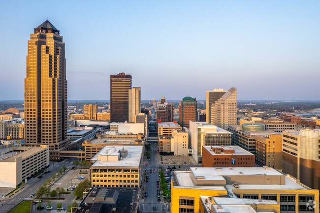 The sunset over the downtown commercial area in Downtown Des Moines.
