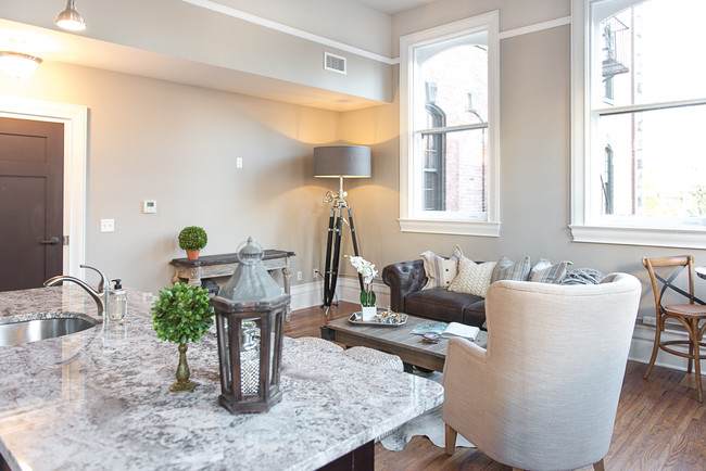 Typical View from Granite Top Kitchen Island into Living Area - 300 Alexander Apartments