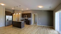 This single-floor space showcases a thoughtfully designed open-concept layout that seamlessly connects the kitchen and living areas. The kitchen is a standout feature, equipped with stainless steel appliances including a range and microwave, complemented by rich dark wood cabinetry that extends to the upper and lower walls. Granite countertops add a polished finish, while a dark-toned kitchen island with an integrated sink serves as both a functional workspace and a natural dividing point between the kitchen and the adjoining living area. Pendant lighting fixtures hang above the island, providing focused task lighting with a modern aesthetic. Light hardwood flooring runs throughout the space, creating a warm, cohesive look that contrasts attractively with the cool gray-toned walls. Recessed and flush-mount ceiling lighting ensures the space is well-lit throughout. A doorway visible from the main living area leads to additional rooms, suggesting a practical and connected floor plan. The overall ambiance is modern and clean, with a neutral color palette that offers a versatile backdrop for a variety of furnishing styles.