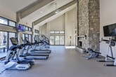 Located at 3000 Cumberland Club Dr in Atlanta, Georgia, this fitness center is a standout facility defined by its dramatic architectural character and well-appointed equipment. The space is anchored by soaring vaulted ceilings with a tongue-and-groove wood finish and large ceiling fans, creating an open, airy atmosphere that feels both expansive and inviting. A striking floor-to-ceiling stone fireplace with a dark wood mantel serves as the room's focal centerpiece, adding a warm, lodge-inspired aesthetic rarely found in a fitness setting. Abundant natural light pours in through an extensive array of floor-to-ceiling windows and clerestory windows above, offering views of the surrounding wooded landscape and seamlessly connecting the interior to the outdoors. The durable, cushioned rubber flooring throughout provides a practical and comfortable surface for exercise. The facility is equipped with a comprehensive lineup of TRUE brand cardio machines, including treadmills, ellipticals, upright and recumbent bikes, a rowing machine, and free weights. Wall-mounted flat-screen televisions are positioned for easy viewing during workouts. Access to an outdoor patio area with seating is visible through the large glass doors, extending the fitness experience beyond the interior of the space.