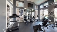 This dedicated fitness center is designed to support a comprehensive workout experience within a single, open-plan space. The room is defined by dramatically high ceilings and an abundance of natural light streaming in through expansive floor-to-ceiling windows and transom windows above, offering views of an outdoor recreational area including what appears to be a pool and courtyard. The walls are finished in a deep charcoal-gray tone, lending the space a modern, focused atmosphere, while dark rubber flooring provides a durable and functional surface throughout.

A full wall of mirrors visually expands the room and allows users to monitor their form during exercise. The cardio equipment lineup includes multiple treadmills, stationary bikes, and elliptical machines, all positioned to take advantage of the natural light and outdoor views. Strength training is well-represented with a multi-station cable and weight machine, a dedicated free weight rack stocked with dumbbells of varying sizes, and additional bench and resistance equipment. Wall-mounted flat-screen televisions are positioned at multiple points to keep users entertained during workouts.

Entry is provided through elegant French doors with gridded glass panels, reinforcing a refined architectural character that elevates the space beyond a purely utilitarian gym environment.