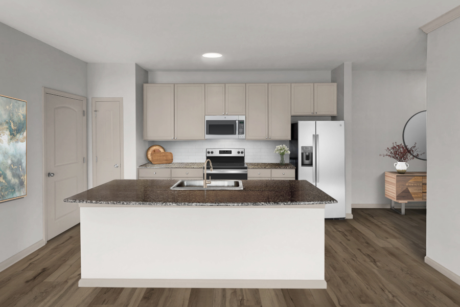 Upgraded kitchens with luxury vinyl plank flooring and sleek hardware - Chancery Village