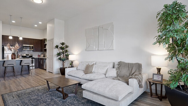Distribución abierta de sala de estar y cocina diseñada para la comodidad diaria. - Parkway Lofts