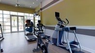 This fitness room offers a functional and inviting space for exercise, designed with both practicality and aesthetics in mind. The walls feature a distinctive two-tone color scheme, combining warm yellow upper panels with a gray horizontal stripe detail, lending the space a modern, energetic feel. Wood-style flooring runs throughout, providing a clean and durable surface underfoot.

The room is outfitted with a variety of cardio equipment, including treadmills, an elliptical trainer, a stationary upright bike, and a stair-stepper, each equipped with individual monitor screens for entertainment or workout tracking. Exercise accessories such as stability balls are also visible, adding versatility to available workout options.

Natural light enters through a large window along one wall, offering views of outdoor greenery and contributing to an open, airy atmosphere. Recessed ceiling lighting supplements the natural light, ensuring the space remains well-illuminated throughout the day. The overall layout is thoughtfully organized, allowing for comfortable movement between equipment while maintaining an uncluttered, welcoming environment suitable for a range of fitness routines.