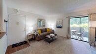 This single-floor residence in Ashley Park, Richmond, VA offers a thoughtfully arranged layout encompassing a living room, bedroom, kitchen, and full bathroom. The living room is carpeted and bathed in natural light, with a sliding glass door leading to an outdoor patio area, creating a seamless indoor-outdoor connection. Neutral walls and a textured ceiling complement the open, relaxed atmosphere of the space.

The bedroom is generously proportioned, featuring wall-to-wall carpet, multiple windows that invite natural light and outdoor views, and ample room for furniture. The dual windows enhance the airy, comfortable feel of the room.

The galley-style kitchen is efficiently designed with warm wood cabinetry, dark granite-style countertops, hardwood-style flooring, and white appliances including a range and refrigerator. A pass-through area leads to a dedicated laundry and storage closet, adding practical functionality.

The bathroom features matching wood cabinetry, a wide vanity with dark countertops, a large mirror framed by overhead lighting, hardwood-style flooring, and a shower-tub combination. Throughout the residence, consistent finishes and neutral tones create a cohesive, move-in-ready environment.