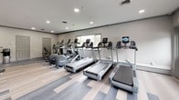 This fitness center is a spacious, single-floor facility designed to accommodate a full range of workout needs. The interior is defined by a clean, modern aesthetic, featuring light-toned luxury vinyl plank flooring laid in a striped pattern that adds visual interest throughout the space. Recessed lighting provides consistent illumination across the entire area, complemented by natural light from multiple windows that offer views of surrounding greenery.

A bold teal accent wall serves as a striking focal point, flanked by large mirrors that visually expand the space and allow users to monitor their form during exercise. The strength training area is well-appointed with multiple cable machines, resistance stations, adjustable benches, and a full rack of dumbbells. Brand-name equipment, including Precor and Life Fitness machines, is arranged throughout to maximize usable floor space.

A dedicated cardio zone houses several treadmills, ellipticals, and a stationary bike, each equipped with digital displays. The textured ceiling and neutral gray walls contribute to the facility's polished, professional atmosphere. Glass-paneled doors lead to adjacent areas, enhancing the open, accessible feel of the overall space.
