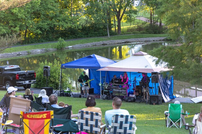 A simple stage but a lovely performance by the Steam Rollers at Ballwin Concert Series.