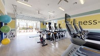 This modern fitness center is thoughtfully designed to accommodate a wide range of workout styles and fitness goals. The interior features light hardwood-style flooring throughout, creating a clean and welcoming atmosphere. The walls are accented with bold horizontal stripes in yellow, sage green, and white, adding a vibrant, energetic character to the space, complemented by a "fit·ness·" wall graphic that reinforces the room's purpose.

The cardio zone is well-stocked with Matrix-brand treadmills, elliptical trainers, and stationary cycling bikes, each equipped with individual screens for entertainment during workouts. Ceiling fans and recessed fluorescent lighting ensure comfort and visibility across the entire floor.

A dedicated free weights area includes a full rack of dumbbells and kettlebells by ZIVA, alongside a foldable workout bench, resistance bands, stability balls, and exercise mats for functional and flexibility training. Wall-mounted mirrors expand the sense of space and assist with form checking.

One of the facility's standout features is a full-width glass garage door that opens completely to an outdoor pool area, framed by palm trees and a pergola. This seamless indoor-outdoor connection floods the space with natural light and fresh air, creating an inviting environment. Large windows along the perimeter further enhance brightness and offer pleasant outdoor views, making every workout feel open and refreshing.
