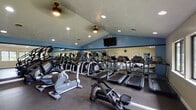 Located at 2400 Weeping Willow Dr in Lynchburg, Virginia, this single-story fitness center offers a comprehensive workout facility divided into distinct functional zones. The space features vaulted ceilings throughout, recessed lighting, and ceiling fans that contribute to a well-ventilated and open atmosphere.

The cardio area is generously appointed with a row of Matrix treadmills, elliptical trainers, and stationary bikes. Large mirrors line the walls, amplifying the sense of space, while a wall-mounted flat-screen television provides entertainment during workouts. A bank of windows along one wall admits natural light and offers views of the surrounding outdoor greenery.

A dedicated strength training zone houses a full rack of dumbbells arranged on tiered stands, multiple adjustable benches, and a Matrix functional trainer cable system. Additional selectorized machines are available for targeted muscle group training, rounding out the resistance equipment offerings.

The flooring throughout consists of durable rubber gym matting, appropriate for both heavy equipment use and high-traffic exercise areas. The blue accent walls paired with neutral tones create a motivating yet clean aesthetic. Overall, the facility is well-organized, thoughtfully equipped, and designed to support a wide range of fitness goals.