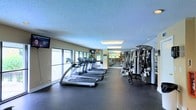 This fitness center is a well-appointed, single-level space designed to support a full range of exercise routines. The room features a dark rubberized flooring that provides both safety and durability underfoot, creating a practical environment suited for high-activity use. A row of treadmills lines the left side of the space beneath large windows that span the wall, allowing natural light to flood the area and providing open views to the exterior — an inviting feature that enhances the workout experience. On the right side, a multi-station cable and weight machine offers users a variety of strength training options without requiring additional equipment. The ceiling is textured and fitted with recessed and flush-mounted fluorescent lighting, ensuring the space remains well-lit throughout. A wall-mounted television is positioned near the entrance, offering entertainment during cardio sessions. Further into the room, additional strength and resistance equipment can be seen, suggesting generous capacity for multiple users simultaneously. The overall ambiance is clean, functional, and modern, reflecting a thoughtfully designed amenity space intended to serve an active community.