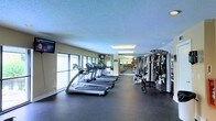 This fitness center is a well-appointed, single-level space designed to support a full range of exercise routines. The room features a dark rubberized flooring that provides both safety and durability underfoot, creating a practical environment suited for high-activity use. A row of treadmills lines the left side of the space beneath large windows that span the wall, allowing natural light to flood the area and providing open views to the exterior — an inviting feature that enhances the workout experience. On the right side, a multi-station cable and weight machine offers users a variety of strength training options without requiring additional equipment. The ceiling is textured and fitted with recessed and flush-mounted fluorescent lighting, ensuring the space remains well-lit throughout. A wall-mounted television is positioned near the entrance, offering entertainment during cardio sessions. Further into the room, additional strength and resistance equipment can be seen, suggesting generous capacity for multiple users simultaneously. The overall ambiance is clean, functional, and modern, reflecting a thoughtfully designed amenity space intended to serve an active community.