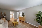 Located at 1501 Harvey Road in College Station, TX, this 2-bedroom, 1-bathroom unit offers a well-organized single-floor layout designed for comfortable everyday living. The living room serves as the heart of the home, featuring warm wood-look flooring, neutral gray walls, and a front-facing window that allows natural light to fill the space. The open sightlines connect the living area directly to the kitchen, which is equipped with gray cabinetry, a marble-style countertop, a stainless steel sink, and a full-size refrigerator. The primary bedroom is a comfortable retreat with a ceiling fan, wood-look flooring, and a window dressed with white curtains that invite in natural light. The second bedroom offers similar finishes and a ceiling fan, creating a consistent feel throughout. Four closets distributed across the unit provide generous storage relative to the overall footprint. The shared bathroom includes a full tub-shower combo with white tile surround, wood-look flooring, and a clean vanity with ample counter space. Neutral tones and consistent flooring tie the entire unit together, creating a cohesive and practical living environment.