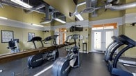 This fitness center is designed to provide a practical and well-equipped workout space. The room features a selection of cardio machines, including treadmills and elliptical trainers, arranged along one wall and complemented by a continuous mirrored surface that enhances the sense of space and allows users to monitor their form during exercise. A wall-mounted flat-screen television is positioned for easy viewing from the equipment.

The ceiling draws attention with its industrial aesthetic, showcasing exposed silver ductwork and ventilation systems alongside modern track lighting that ensures the space is well-lit. The walls are painted in a warm yellow-green tone, accented by white chair-rail molding that adds a subtle architectural detail. The flooring consists of dark, speckled rubber material, which is both durable and slip-resistant — well-suited for a fitness environment.

Natural light filters into the space through a glass-paneled door and adjacent windows on one side, providing a connection to the exterior. A hand sanitizer station and additional small furnishings are thoughtfully placed nearby. Overall, the space offers a clean, functional atmosphere suited for daily cardio workouts.