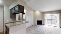 Located at 3733 William Dehaes Dr in Irving, TX, this single-story residential unit offers a functional and cohesive layout throughout. The living area is carpeted and centers around a tile-surround fireplace, providing a notable architectural focal point. A sliding glass door with vertical blinds opens to a balcony, allowing natural light to filter into the space and offering exterior views.

The kitchen features a galley-style design with dark espresso cabinetry, granite-look countertops, wood-look flooring, and black appliances including a refrigerator and range. A breakfast bar connects the kitchen to the living area, creating an open-concept flow between the two spaces. In-unit laundry connections are visible adjacent to the kitchen area.

The bedroom is carpeted and includes direct access to the bathroom, which is equipped with a full tub-shower combination featuring white tile surround and chrome fixtures, along with dark wood cabinetry at the vanity. An electrical panel is accessible within the unit. Textured ceilings are consistent throughout, and neutral wall tones contribute to a clean, understated interior aesthetic.