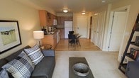 This single-floor unit features an open-concept design that efficiently combines the living, dining, and kitchen areas into one cohesive space. The living area is anchored by a gray upholstered sofa adorned with striped accent pillows, paired with a low-profile coffee table and a classic floor lamp, all set atop plush carpeting that adds warmth underfoot.

The transition from carpet to hardwood-style flooring marks the shift into the dining and kitchen zones. A glass-top dining table with black chairs provides a functional yet stylish spot for meals. The kitchen is equipped with warm honey-toned wood cabinetry, white appliances including a full-size refrigerator, microwave, and range, as well as a single-basin sink. The layout maximizes efficiency while maintaining an open feel throughout.

Flush-mount ceiling lights provide consistent illumination across the space. Toward the rear, two white panel doors lead to additional rooms, likely a bedroom and bathroom, maintaining privacy while keeping the main living area open and accessible. The overall ambiance is practical, tidy, and welcoming.