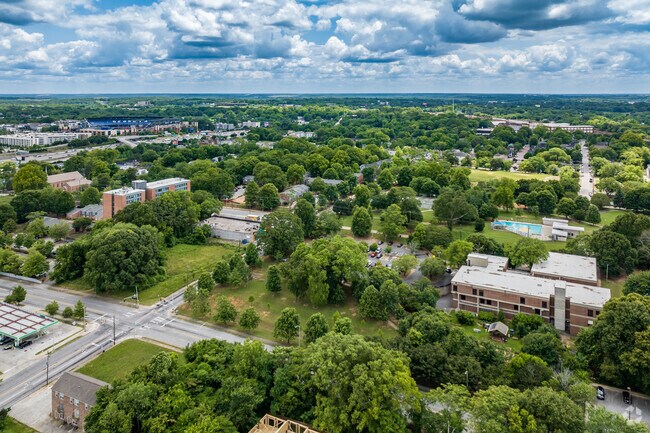 Aerial view of the Mechanicsville neighborhood with the Georgia State Stadium in the background.