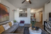 This single-story residence in Temecula, California offers a well-organized layout with a cohesive modern design throughout. Wood-style flooring runs through the main living areas, lending a warm, contemporary feel to the space.

The living room serves as the central gathering area, featuring a ceiling fan, a large sliding glass door that opens to a private outdoor patio, and views of surrounding greenery. The open sightlines create a connected, airy ambiance. Adjacent to the living room, a dedicated dining area accommodates a full-size table and is accented by a trio of framed mirrors that visually expand the space.

The galley-style kitchen is efficiently designed with dark cabinetry, stone-look countertops, a double-basin sink, and stainless steel appliances including a refrigerator, range, dishwasher, and microwave. A doorway from the kitchen leads directly to the in-unit laundry area, which houses a full-size washer and dryer.

The bedroom features large windows that invite natural light and views of the outdoors, with carpet flooring adding comfort underfoot. Two bathrooms serve the unit — one with a tub/shower combination fitted with sliding glass doors, and another with a vanity featuring dark cabinetry and a wide mirror. Textured ceilings are present throughout the unit.